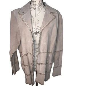 Outbrook Woman,1X‎ tan embroidered leather tassel tie front long sleeve jacket
￼